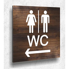 Door Sign with Arrow Left Wood Effect Oak Dark Women Men Wood UV Print 12 x 12 cm 3 mm Aluminium Composite Made in Germany Item No. E 2101