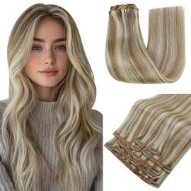 RUNATURE Real Hair Extensions Clip Brown Blonde Real Hair 25 cm 7 Pieces Clip-In Extensions Brown Highlights Blonde Seamless Clip Extensions Real Hair #8P60 80 g