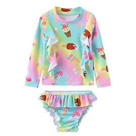 Toddler Girls Rash Guard Swimsuits Set Long Sleeve Bathing Suits Two Piece Swim Set for Girls Mix Ruffle Ice Cream 3T