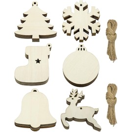 30 Pcs Wooden Christmas Ornaments, Hanging Christmas Tree Decorations Set Wooden Baubles, 6 Shapes Wooden Slices, Twines, Unfinished Wooden Christmas Decorations for Kids DIY Crafts Xmas Gifts