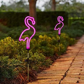 Flamingo Solar Garden Stake Lights, [Set of 2] Outdoor Solar Pathway Light for Lawn Patio Yard Walkway, Neon Pink Lighting (29.5" Height)