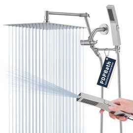PDPBath All Metal Rain Shower Head with Handheld Spray Combo, 12'' Rainfall Shower Head with 16'' Adjustable Arc-shaped Extension Arm, with Adjustable Brass Bracket and 79" Shower Hose, Brushed Nickel