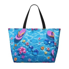 Women's Large Beach Bag Glasses Slippers Flower Print Waterproof Travel Tote Bag Lightweight Blue Weekender Bags for Pool Vacation