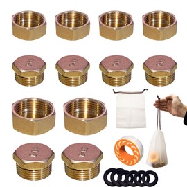 Blanking Plug Water Pipe Female Thread, Brass Angle Valve Cap with, Sealing Plug Brass 1/2 in, 3/4 in, with Sealing Rubber Ring, 15 Metres of Water Tape, Storage Bag (12, Gold)