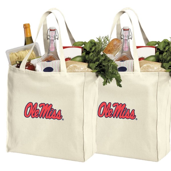 Reusable Ole Miss Shopping Bags or University of Mississippi Grocery Bag 2Pc SET NATURAL COTTON