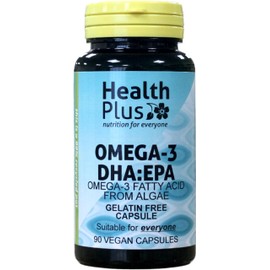 Health Plus Omega-3 DHA:EPA 500mg (Vegan) : Algal Oil Omega-3 Fatty Acid : 90 Vcaps, in a Planet-Friendly 99% Recycled Pot