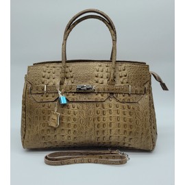 Satchel Italian Genuine Croc Embossed Leather Handbag Satchel – Made In Italy - Taupe