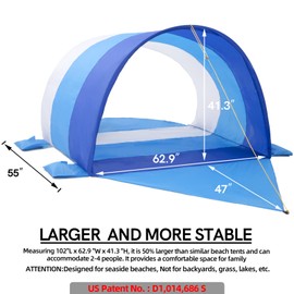Tengou Large Portable Beach Tent, Beach Shade for 2-4 People, Person with UPF 50+ UV Protection，Easy Setup Sun Shelter Canopy, Fights 15 Mph Winds