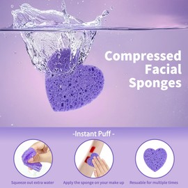 100-Count Compressed Facial Sponges, Heart Shape Face Sponge for Cleansing, Natural Cosmetic Spa Sponges for Facial Cleansing, Exfoliating Mask (Purple Heart Sponges)