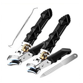 Wide Jaw Nail Clippers Set for Thick Toenails, 4 Pcs Heavy Duty Stainless Steel Nail Cutters with Effortless Anti-Slip Handle, Includes Nail File & Lifter Tool for Seniors, Men, Arthritis (Black)