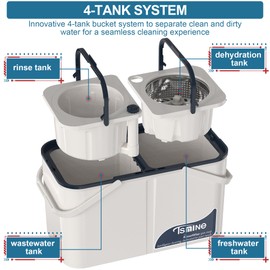 Gen 1 Large-Capacity Spin Mop and Bucket – for Big Homes & Deep Cleaning Days,4-Chamber System Separates Dirty & Clean Water, 2-GAL Heavy-Duty Design with Wheels & 8 Refill Mop Heads - White/Blue
