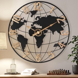 Pytha Sight 24 Inch Large Wall Clock for Living Room Decor,Big Modern Decorative Silent Metal World Map Wall Clock with Vintage Gold Arabic Numeral for Office,Living Room,Kitchen,Dining Room