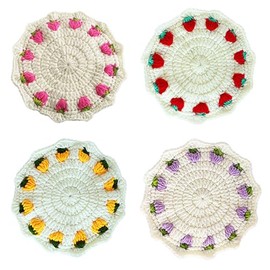 Drink Coasters Set of 4, Creative Handmade Woven Coffee Table Round Absorbent Coasters, Cute Home Decor Strawberry Table Protection Suitable for Kinds Cups (Yello/Purple/Rose/Red)