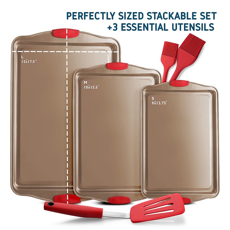 Baking Sheet Set, 3-Piece Cookie Sheet Set with Silicone Handles,