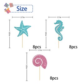 RoadSea Ocean Sea Animal Cupcake Toppers - Conch Hippocampus Seahorse Ocean World Party Cupcake Supplies - Kid Birthday - Wedding Party Dessert Decorations - 24 PCS Glitter