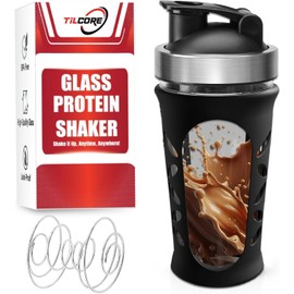 Tilcore Glass Protein Shaker Bottle for Protein Mixes and Shakes - 635ml 20oz, BPA-Free Shake Bottle, Leak-Proof Glass Shaker Blender - Mixer for Gym, Durable Shaker