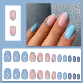 Glitter Press on Nails Short Almond Shaped False Nails Design Blue Glossy French Fake Nails Sparkly Reusable Full Cover Acrylic Nails Bling Stick on Nails for Women Nail Art Manicure 24 Pcs
