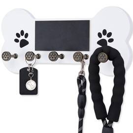 Nekon Dog Leash Holder for Wall - Wooden Key Holder Wall Mount for Entryway Organization - Pets Accessories Storage with Chalkboard and Hooks (White)