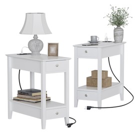 Treocho End Tables Living Room Set of 2, Narrow Side Table with Charging Station, White Table Bedside Sofa for Small Spaces, Living Room, Bedroom