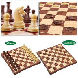 2 in 1 Chess Checkers Medium size, Magnetic Wood Color with Folding Case. 32 by 32 cm
