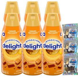 Candy Freezer International-Delight Liquid Coffee Creamer.- Six (6) 32 fl oz Bottles of Creamy Smooth Delightful Coffee Creamer and 3 (1 oz) Freeze Dried Ice Cream Bites (CASE - Caramel Macchiato)