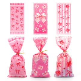 FujDun 100pcs Pink Treat Bags with Ties, Pink Bow Cellophane Treat Bags for Candy, Cookies, Baby Shower, Bridal Shower, Birthday, Wedding Party Favor Supplies (10.8 x 4.92 inch)