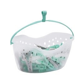 JVL Strong hanging 36 plastic clothes pegs with clear basket and hook, Aqua, Grey, White, One Size, (19-290)