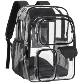 PACKISM Clear Backpacks for School - 18 Inch Extra Large Heavy Duty Clear Bookbag for Boys, See Through PVC Transparent School Backpack with 3 Front Pockets for Students, Black (Age 12+)