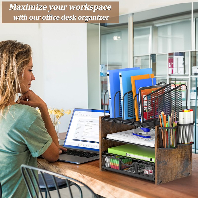 4-Tier Mesh Desk Organizer, Wooden Desk File Organizer with 5