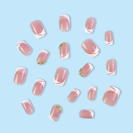 24 Pcs Acrylic Press on Nails, ASONRL Short Medium Square French White Edge Pink Fake Nails with Gold Rhinestones, Glue on Nails Reusable False Nails for Women - Gold Diamond Square