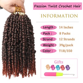 8 Packs 14 Inch Ombre Copper Red Passion Twist Crochet Hair for Black Women Pre-twisted Passion Twist Hair Pre Looped Bohemian Short Passion Twist Hair for Kids and Girls (14 Inch,T1B/350, 8 Packs)