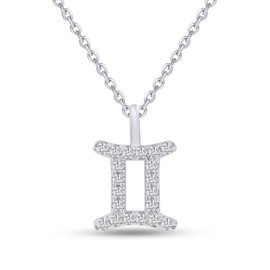18K White Gold Plated Zodiac Necklace For Women, Gemini Horoscope Astrology Sign Moissanite Diamond Pendant Necklace 16+2” Adjustable Chain (0.10 Cttw)