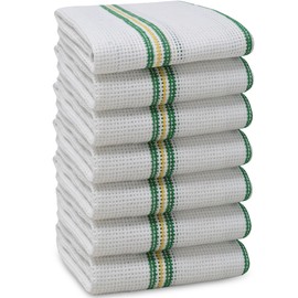 Towelogy TDC_50 Premium Cotton Dish Cloths for Washing Up Dishes Odor-Resistant– Large Size 35x40cm Soft & Absorbent Kitchen Dish Towels (7, White/Green Stripes)