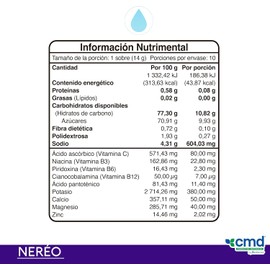 CMD - NERÉO - Electrolitos en Polvo con Vitamina C, Vitaminas del Complejo B y Fibra - Suplemento Alimenticio - 1 Bolsa con 10 Sobres de 14 g c/u Sabor Mora Azul