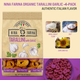 NINA FARINA Tarallini Garlic -Fresh Baked Italian Crackers Free from Added Sugars, Palm Oils and Yeast - Italian Style Nutritious Tarallini Crackers Great for Health 6.35oz/bag (4PACK)