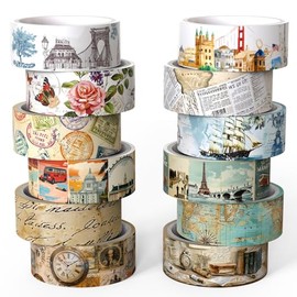 Juego de Cinta Washi Vintage, 12 Rollos de Cinta Decorativa Estética de Vacaciones y Viajes, Cinta Washi Retro con Diseño de Póster, Mapa, Sellos, Arquitectura, para Suministros de Diario