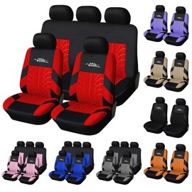 Car Seat Cover for 2/5 Seats Universal, Fabric Car Front & Rear Seat Protector, with Tire Track Details, Suitable for Most Auto Truck Van SUV, Airbag Compatible, Car Interior Accessories:_RED
