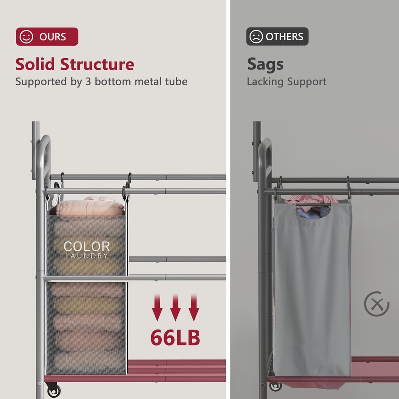 Tajsoon Laundry Sorter with Hanging Bar, 3 Section Rolling Laundry