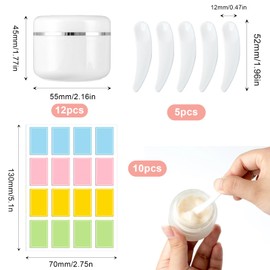 Omevett 12pcs 50ml Cosmetic Pots with Lids Plastic Cream Pots Small Sample Pots for Toiletries Refillable Travel Makeup Containers Empty Cosmetic Jars with 10 Labels and 5 Spatula for Moisturiser