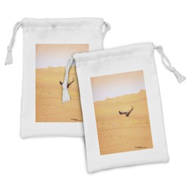 Lunarable Nature Fabric Pouch Set of 2, Harris Hawk Bird Fying over Dunes in Dubai Desert and the Sky Digital Image, Small Drawstring Bag for Toiletries Masks and Favors, 9" x 6", Apricot and Peach
