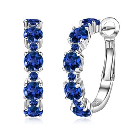 YUNKAI Sterling Silver Sapphire Earrings for Women, Classic Round Cut Lab Simulation Blue Sapphire Hoop Earrings Hypoallergenic Fine Jewelry for Her
