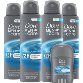 Dove Men+Care Dry Spray Antiperspirant for Men 4-Pack (3.8 Oz Ea) + Travel Deodorant Stick (0.5 Oz) – 72H Protection, Long-Lasting Clean Comfort Fragrance
