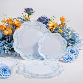 LIYH 60 Pcs Blue Plastic Plates for Party Bow Plates - Blue Porcelain Scalloped Plastic Plate Disposable Heavy Duty for Wedding Bridal Shower Floral Dinnerware Set - 10.25" Dinner & 7.5" Dessert Plate