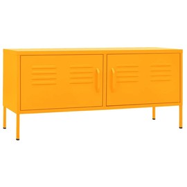 vidaXL Steel TV Stand with Adjustable Shelves and Cable Management, Mustard Yellow - Ideal for Living Room or Lounge Area.