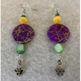 Artisan Handmade New Orleans Mardi Gras Fleur-de-Lis Purple, Green & Gold Drop/Dangle Earrings