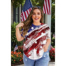 AMWIPE Plus Size American Flag Shirt Women 4th of July Shirt USA Stars Stripes Print Tshirt Summer America Patriotic Tee Tops