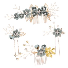 Garneck Pack of 4 Gold Wedding Hair Accessories with Green Rhinestones and Pearls - Elegant Hair Comb for Bride and Bridesmaid - Perfect Accessory for the Festive Occasion