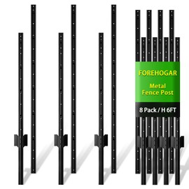 FOREHOGAR Metal Fence Post Black 6 feet, Pack of 8, T Posts for Fences Wire Mesh, No Dig Steel Stakes Fencing for Garden Yard Farm Outdoor Light Duty