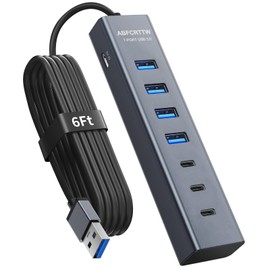 6Ft 7-Port USB Hub 3.0 for Desktop, 4 USB-A & 3 USB-C Ports Aluminium 5Gbps USB Extender Hub, USB Splitter, USB Hub Long Cable for Desktop, PC, Flash Drive, Mobile HDD SSD, Windows/XPS