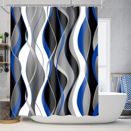 Nkzply 4 Pcs Blue and Black Shower Curtain Set Grey and White Bathroom Sets with Shower Curtain and Rugs Modern Striped Bathroom Decor Accessories Shower Curtains for Bathroom Toilet Lid Cover Hooks